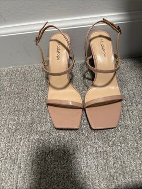 Modatope Nude Patent Square-Toe Block Heel Sandals
